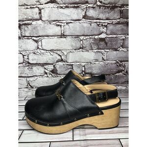 Silent D Georgia Clogs Mules Slingbacks Heeled Black Leather Wood Chain Women 41
